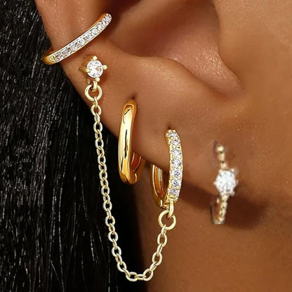 4PC Chain Huggie Earring Set | Flower Tragus Hoop Earrings for Women