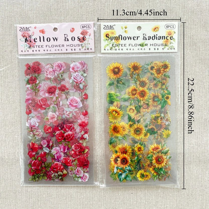 Transparent Flower Stickers Set | 6 Sheets PET Stickers for Scrapbook and Junk Journal