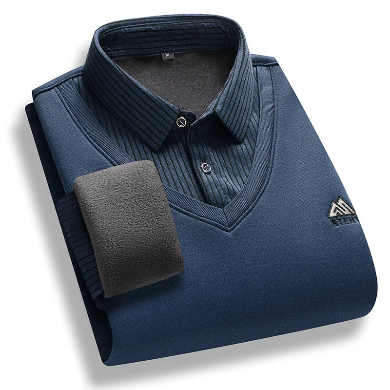 Retro Winter Pullovers Men Polo Neck Sweaters Fashion Striped Fleece Lined Polo Shirt Jumper Thick Knitting Sweaters