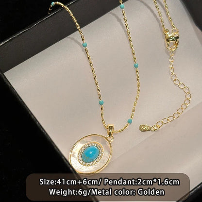 Natural Turquoise Oval Shell Pendant Necklace | Gold Chain Collarbone Jewelry