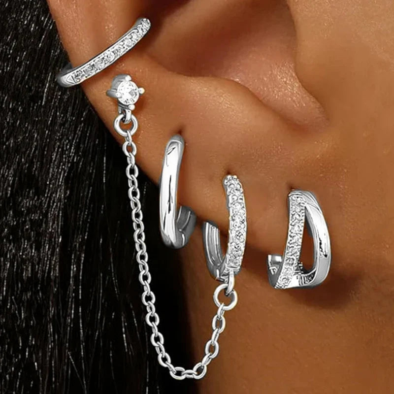 4PC Chain Huggie Earring Set | Flower Tragus Hoop Earrings for Women