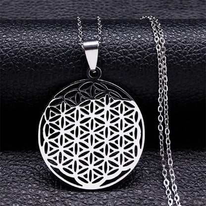 Sacred Geometry Flower of Life Necklace | Stainless Steel Mandala Pendant with Black Beads