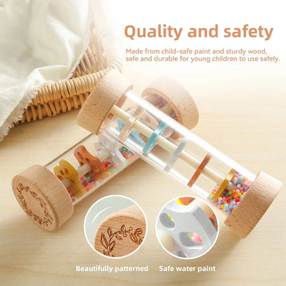 Montessori Wooden Baby Rain Stick | Rainbow Hourglass Sensory Music Rattle Toy