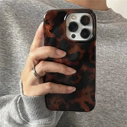 Retro Amber Laser Texture Phone Case | Leopard Print Shockproof Soft Back Cover for iPhone