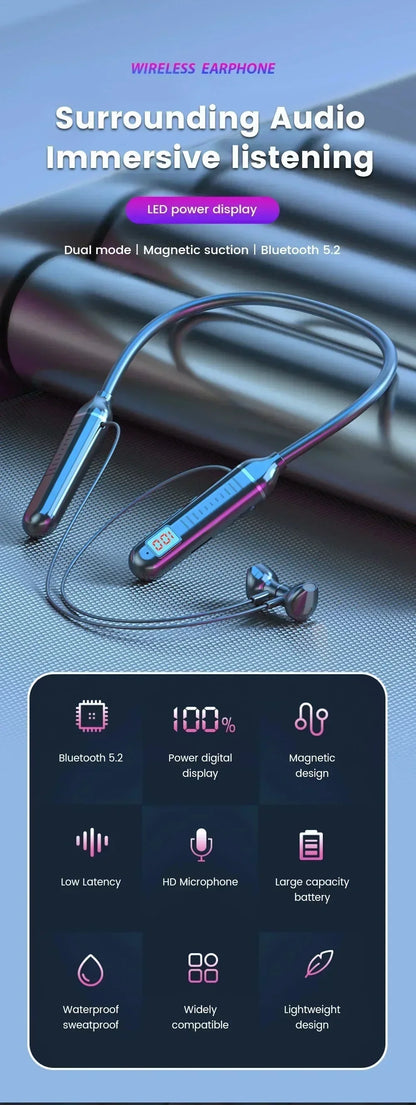 Wireless Neckband Headphones | Bluetooth 5.2 Earphones with Noise Cancelling and LED Display